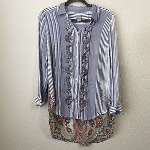 Chico's Womens Blouse Top Size 1 Medium Paisley Stripes Button Front